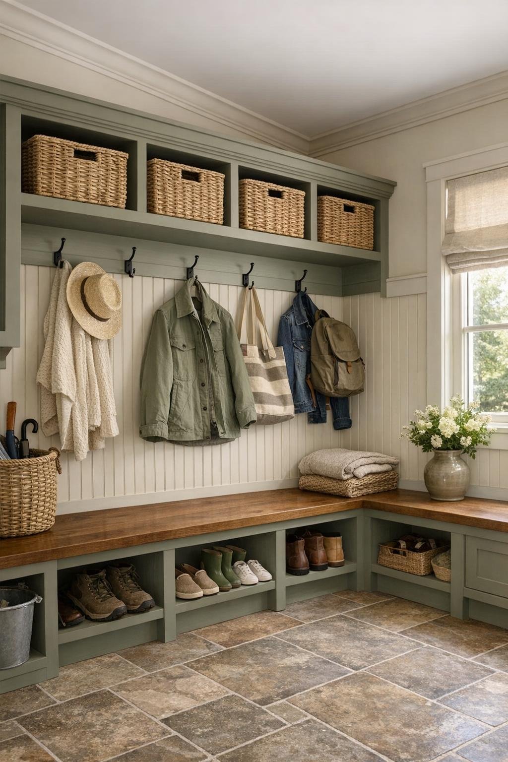 Functional farmhouse mudroom with built-in cubbies, beadboard walls, and durable tile flooring