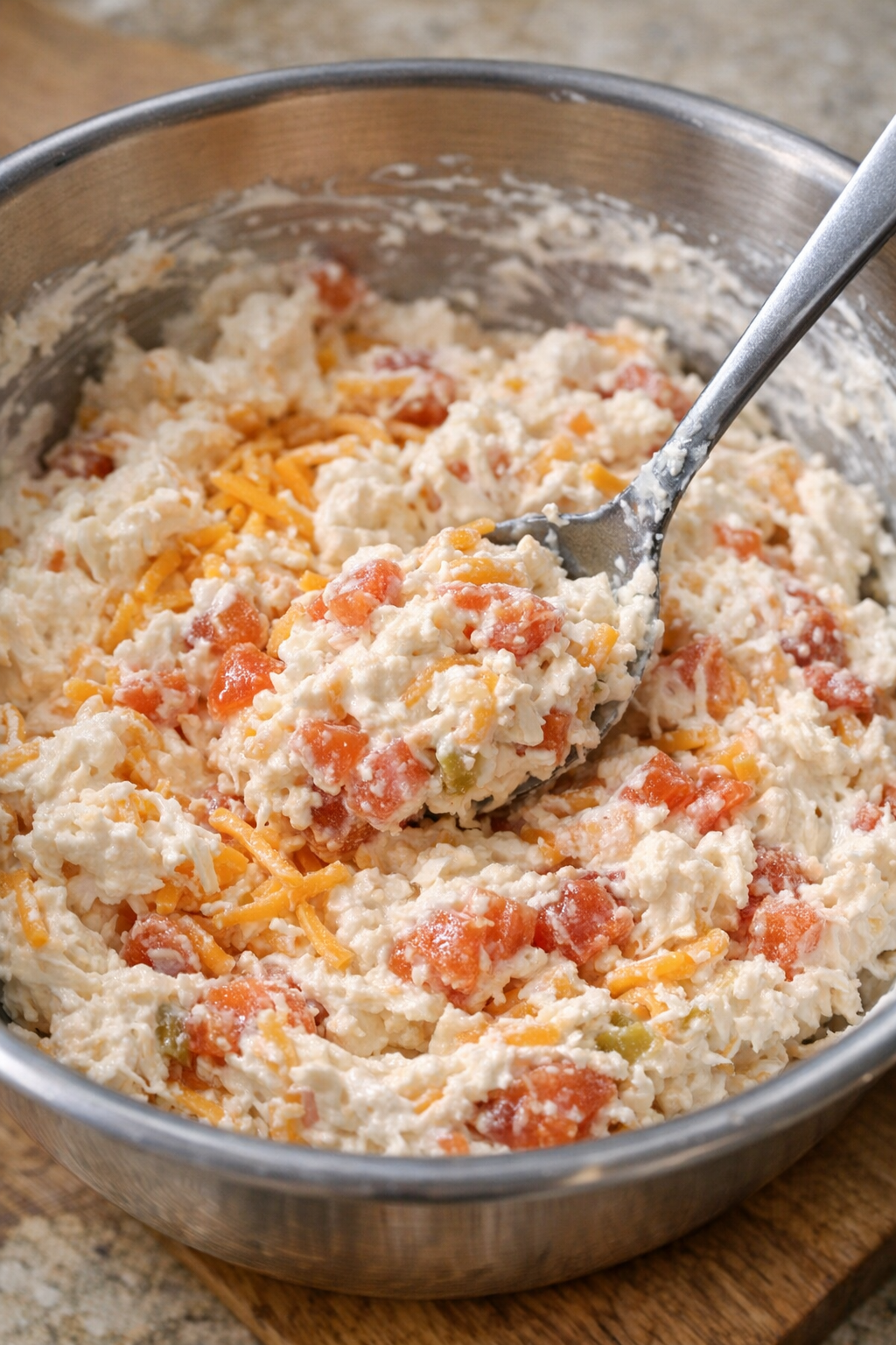 Cheese dip mixture being stirred in a bowl