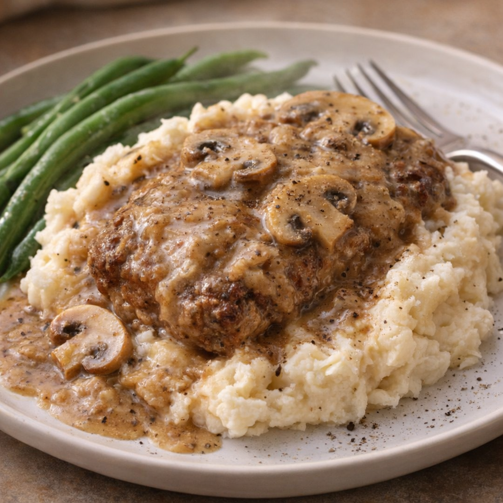 Plated cube steak over mashed potatoes with mushroom gravy