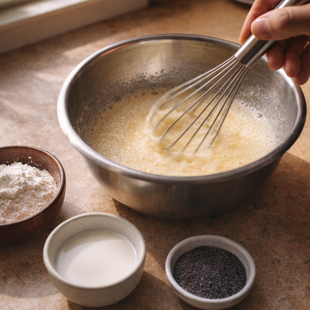 Egg and sugar mixture being whisked in a mixing bowl