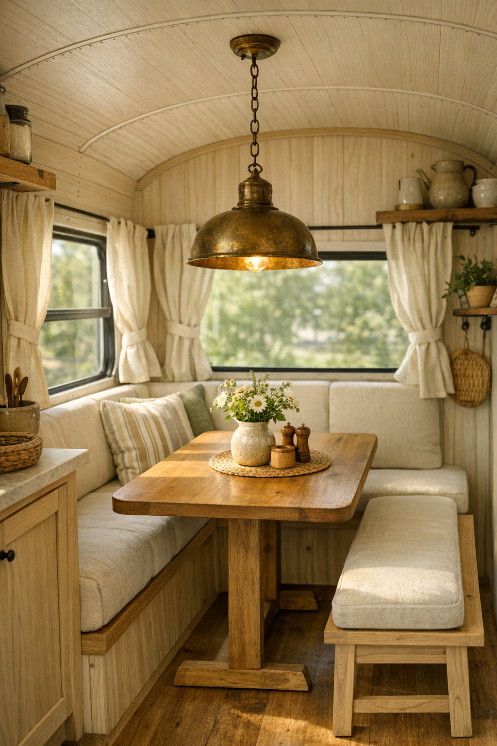 Compact dining nook with built-in banquette and solid wood table inside a converted bus