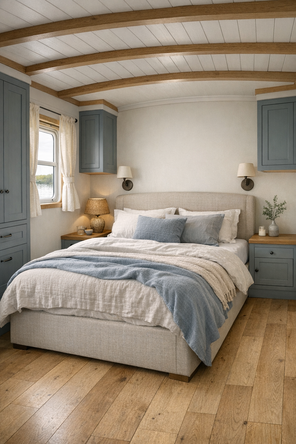 Serene cottage-style bedroom on a houseboat with layered linen bedding, built-in storage, and soft natural light