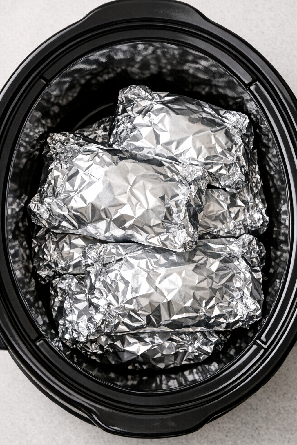 Foil packets stacked in a black slow cooker