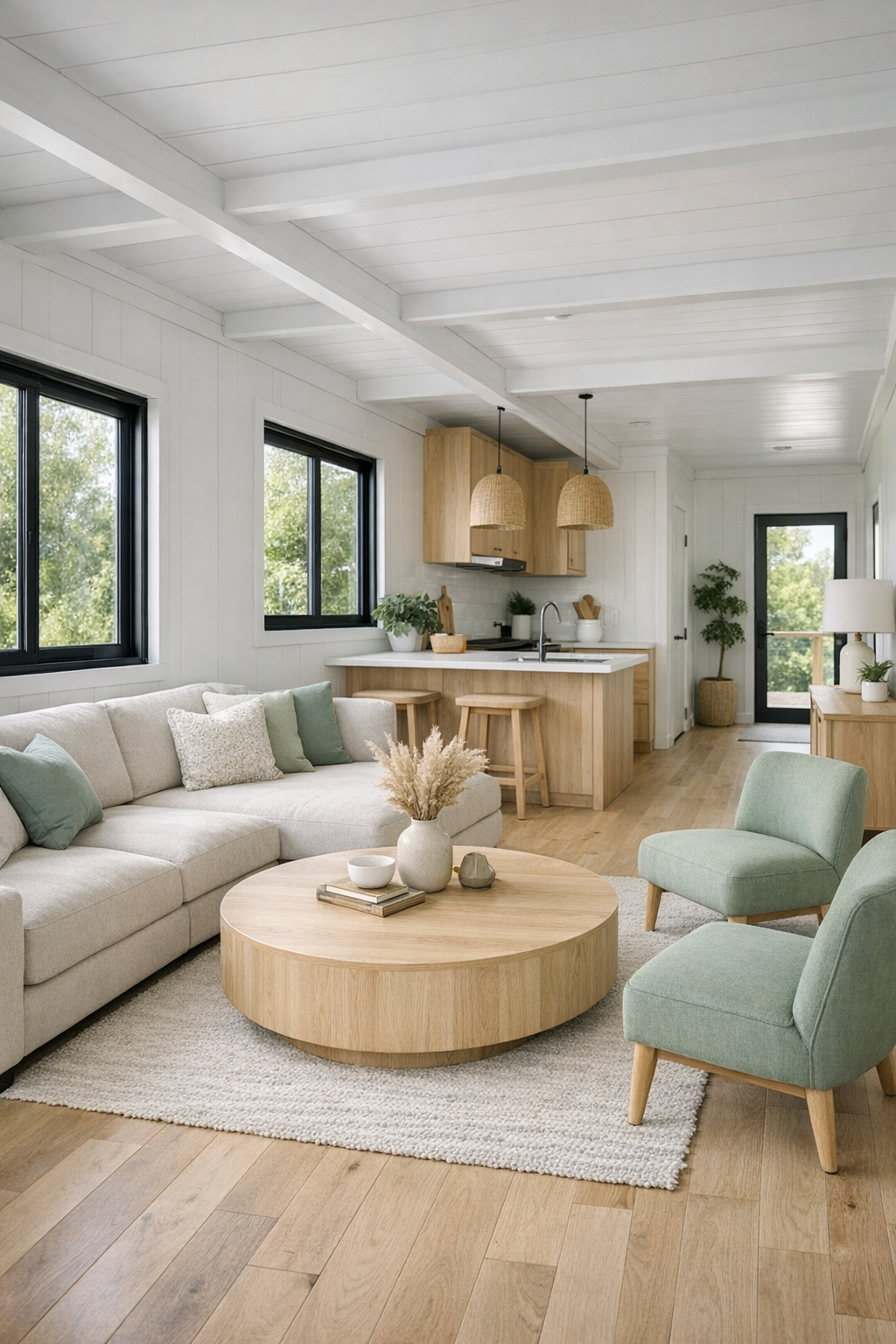 Accessible modern living room with sage accents, light wood floors, and broad open circulation