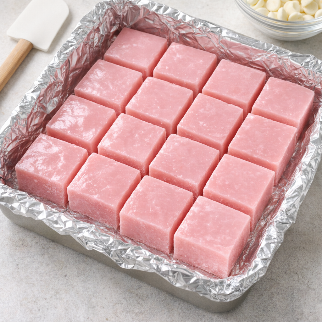 Foil-lined square pan prepared for strawberry fudge