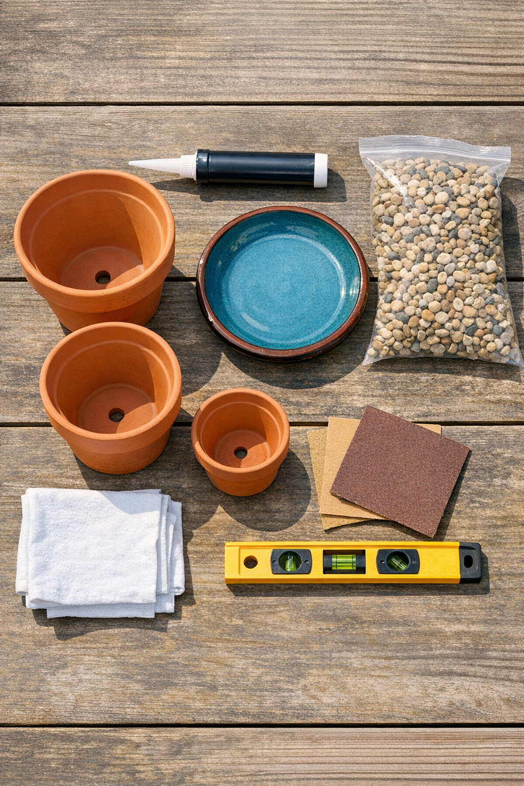 Terracotta pots, glazed saucer, adhesive, gravel, and leveling materials laid out for the project