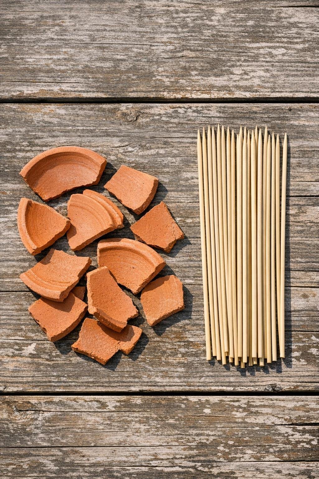 Broken terracotta pot shards and wooden skewers laid out for the project