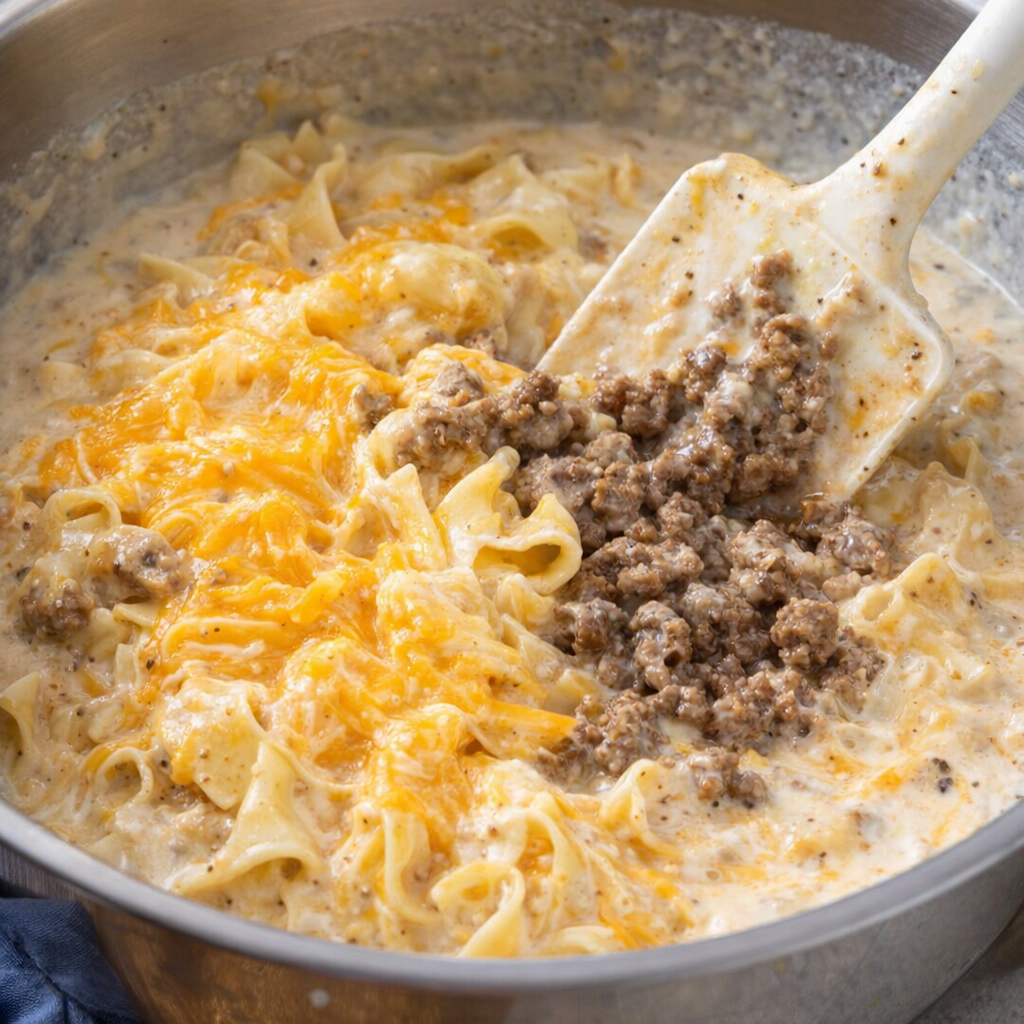 Creamy cheese sauce mixed with browned beef in a large bowl