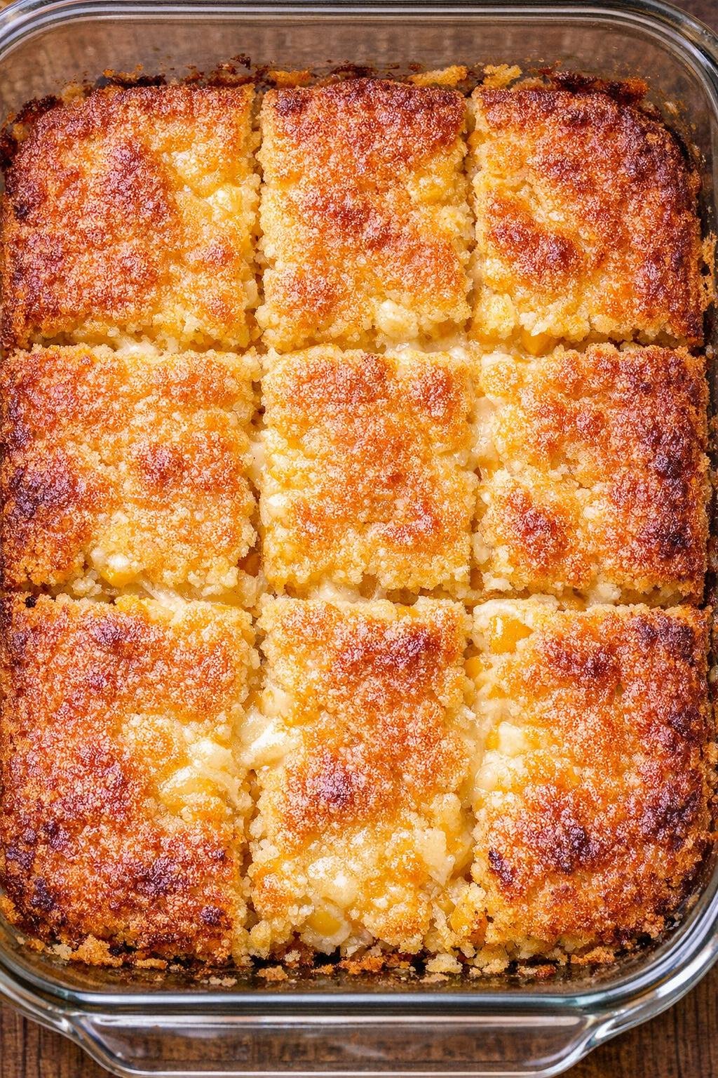 Southern cheesy cornmeal squares baked in a glass casserole dish