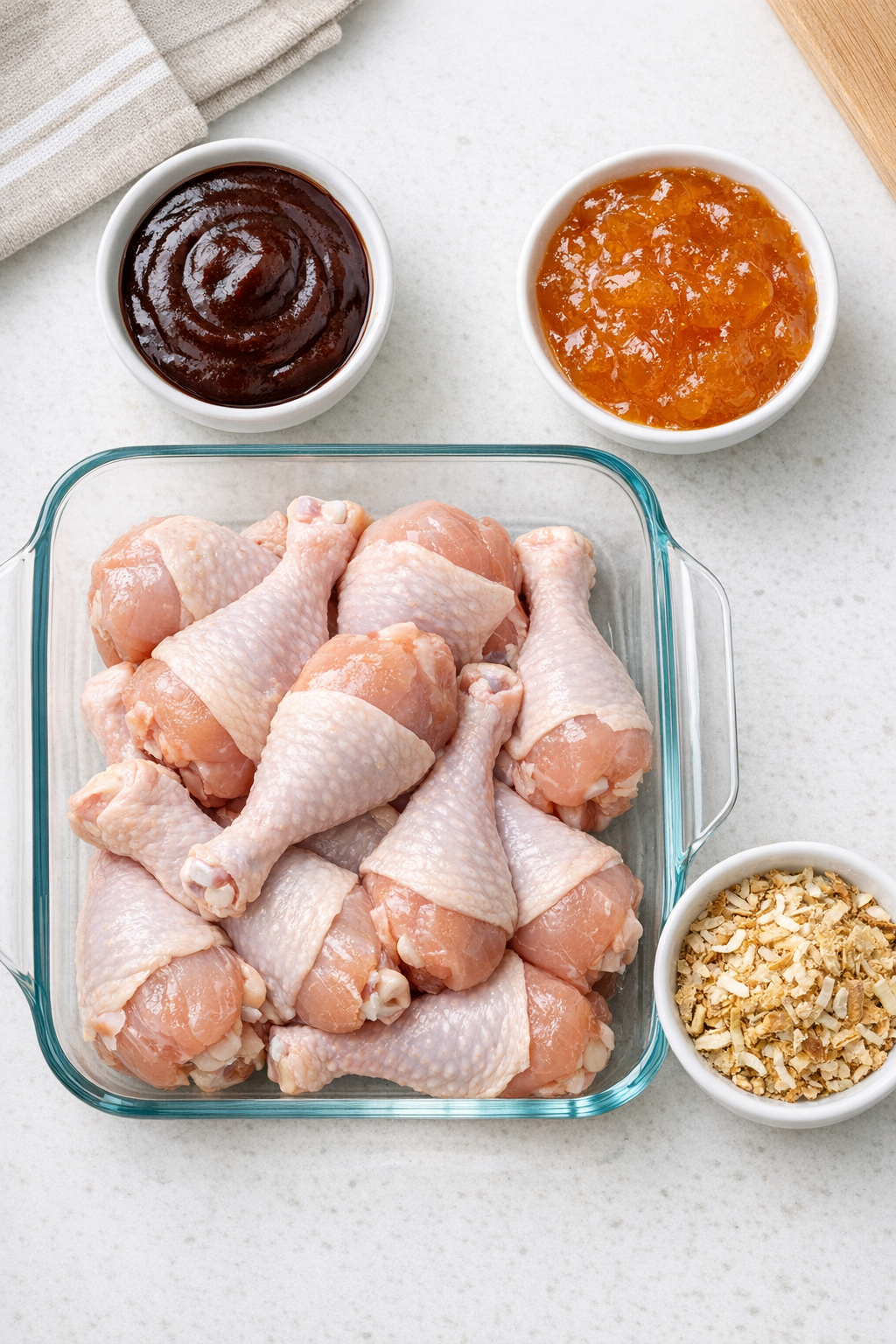 Chicken drumsticks and sauce ingredients laid out