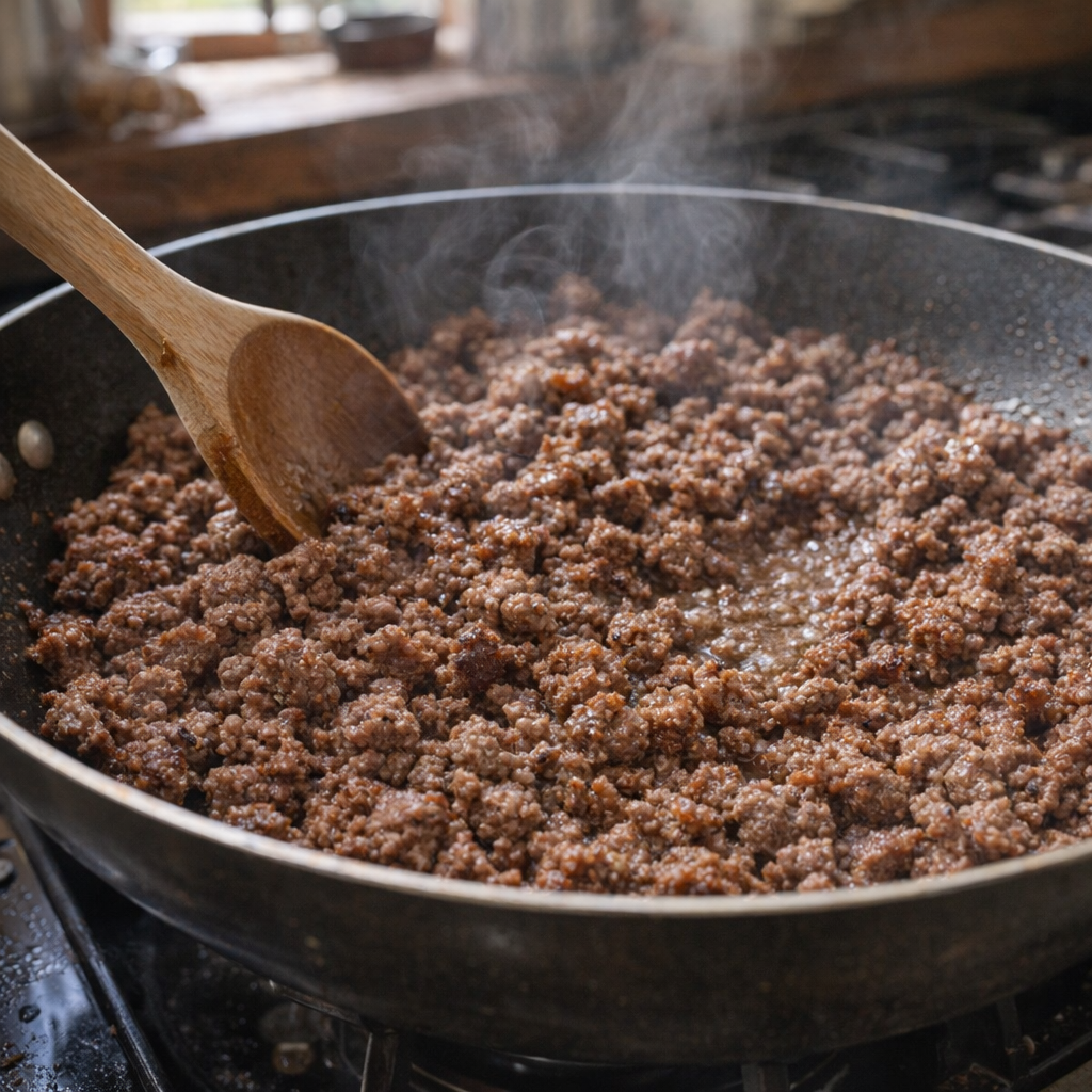 Ground beef browning in a skillet with a wooden spoon