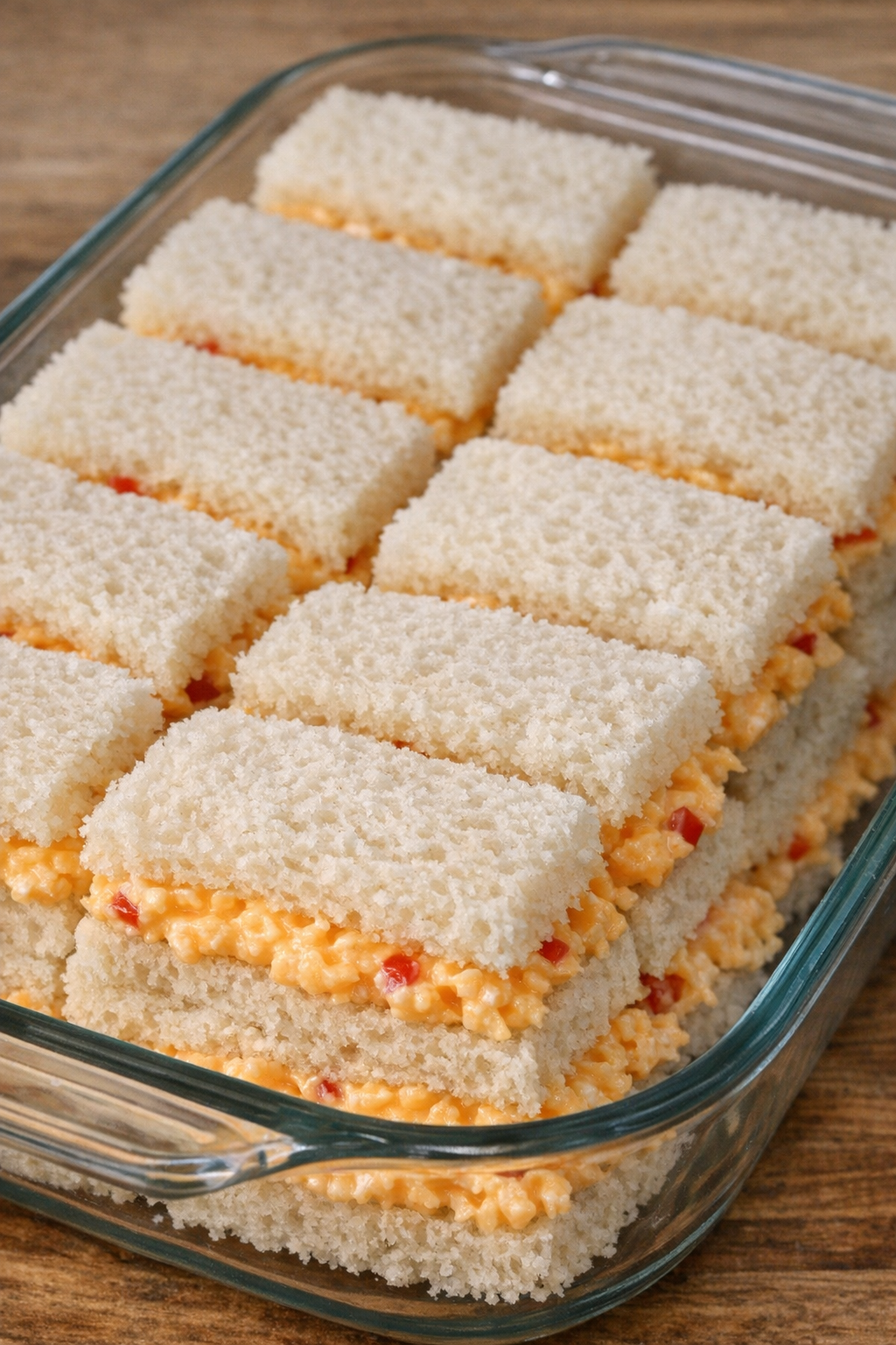 Southern 3-ingredient pimento cheese finger sandwiches in a glass casserole dish