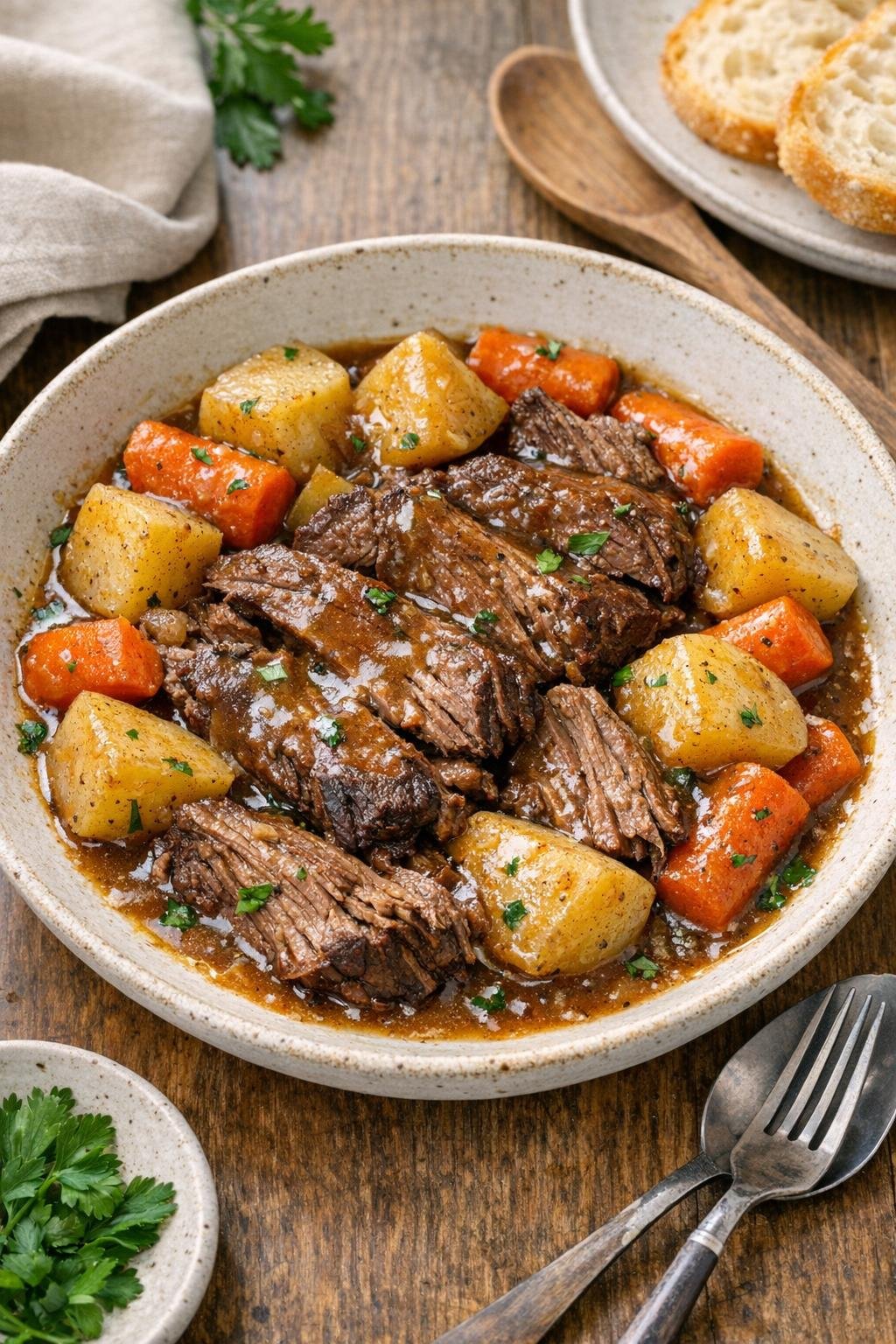 Finished slow cooker chuck roast dinner plated with carrots, potatoes, and gravy