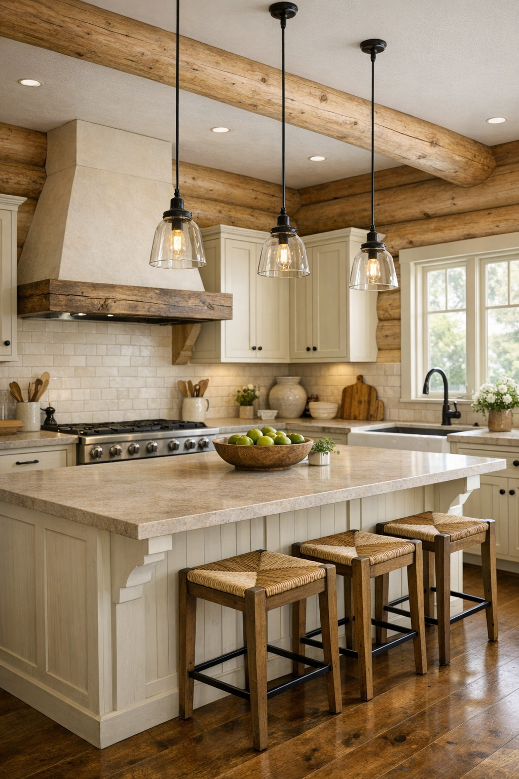 Rustic kitchen with pale log walls, light cabinetry, stone countertops, and a large island