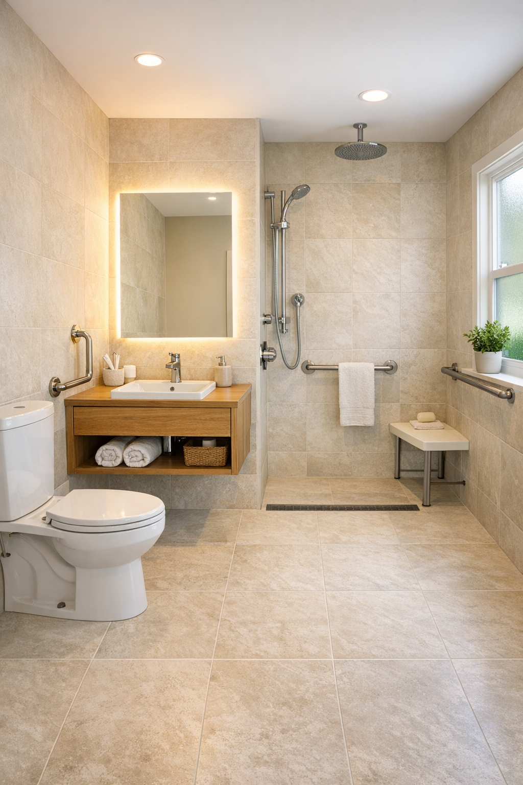 Accessible tiny home bathroom with curbless shower and wood vanity