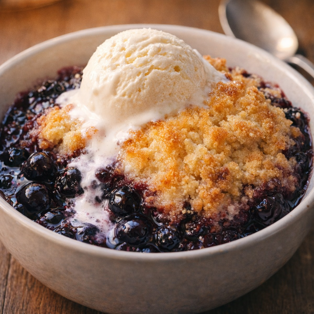 Warm berry bake served in a bowl with ice cream