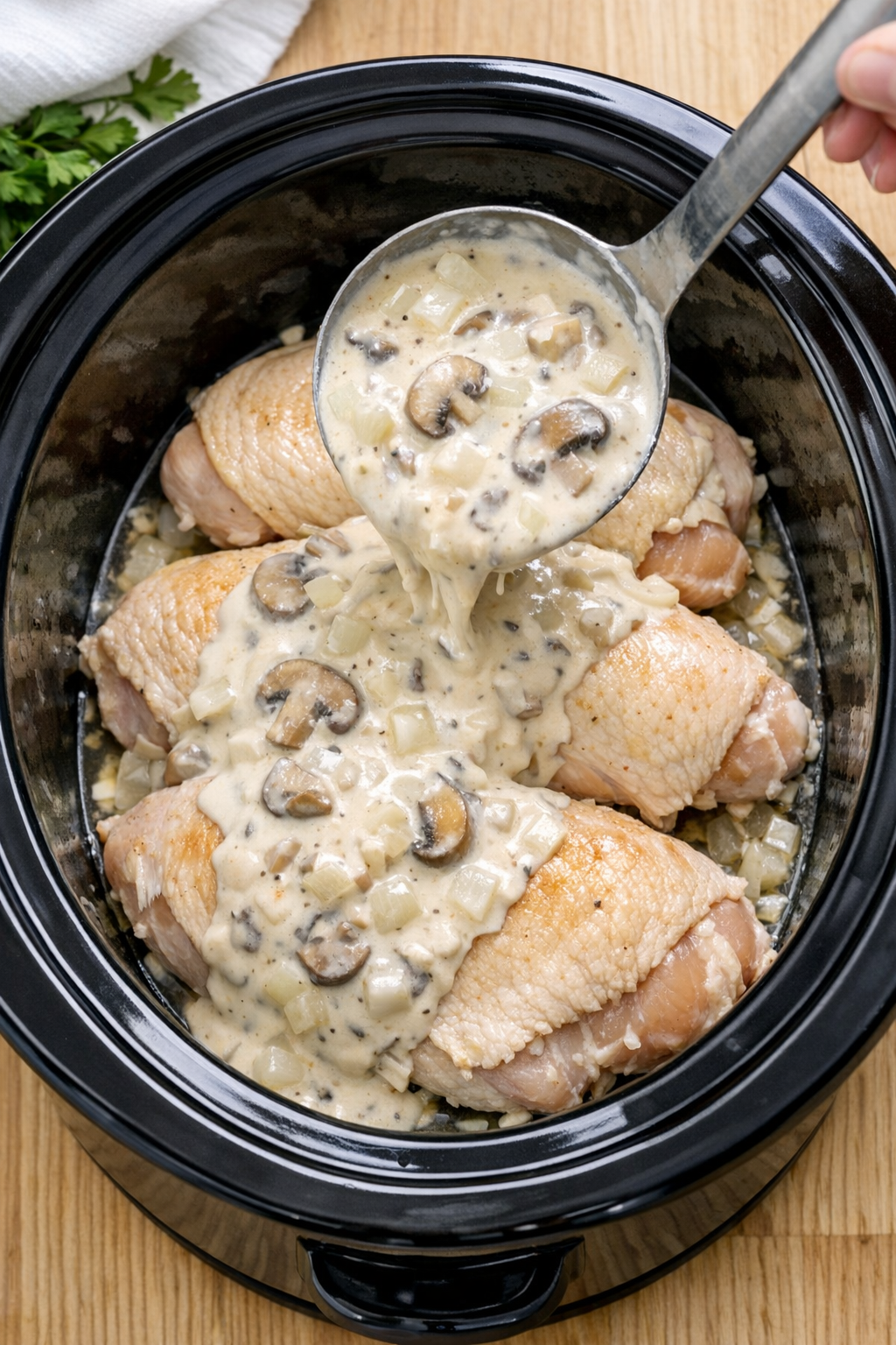 Sauce poured over chicken in the slow cooker