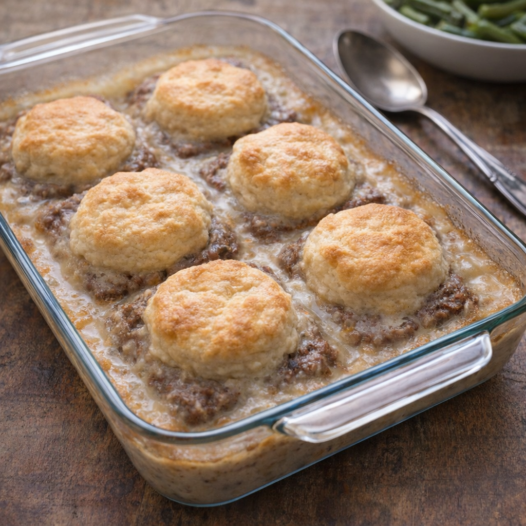 Glass casserole dish filled with biscuit beef casserole on a country kitchen table