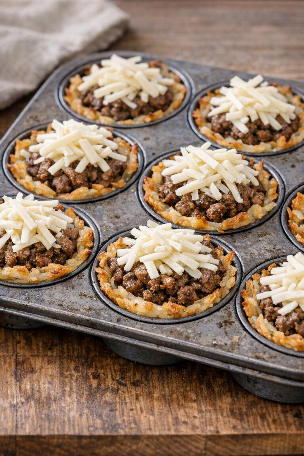 Beef and cheese added to hash brown cups
