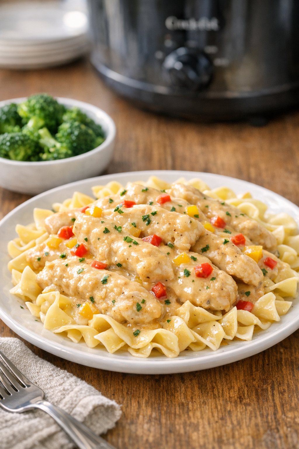 Creamy slow cooker chicken served over egg noodles