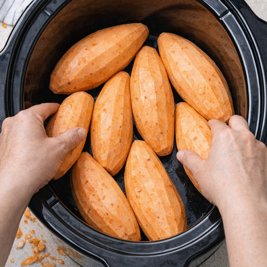 Peeled whole sweet potatoes being arranged in a slow cooker