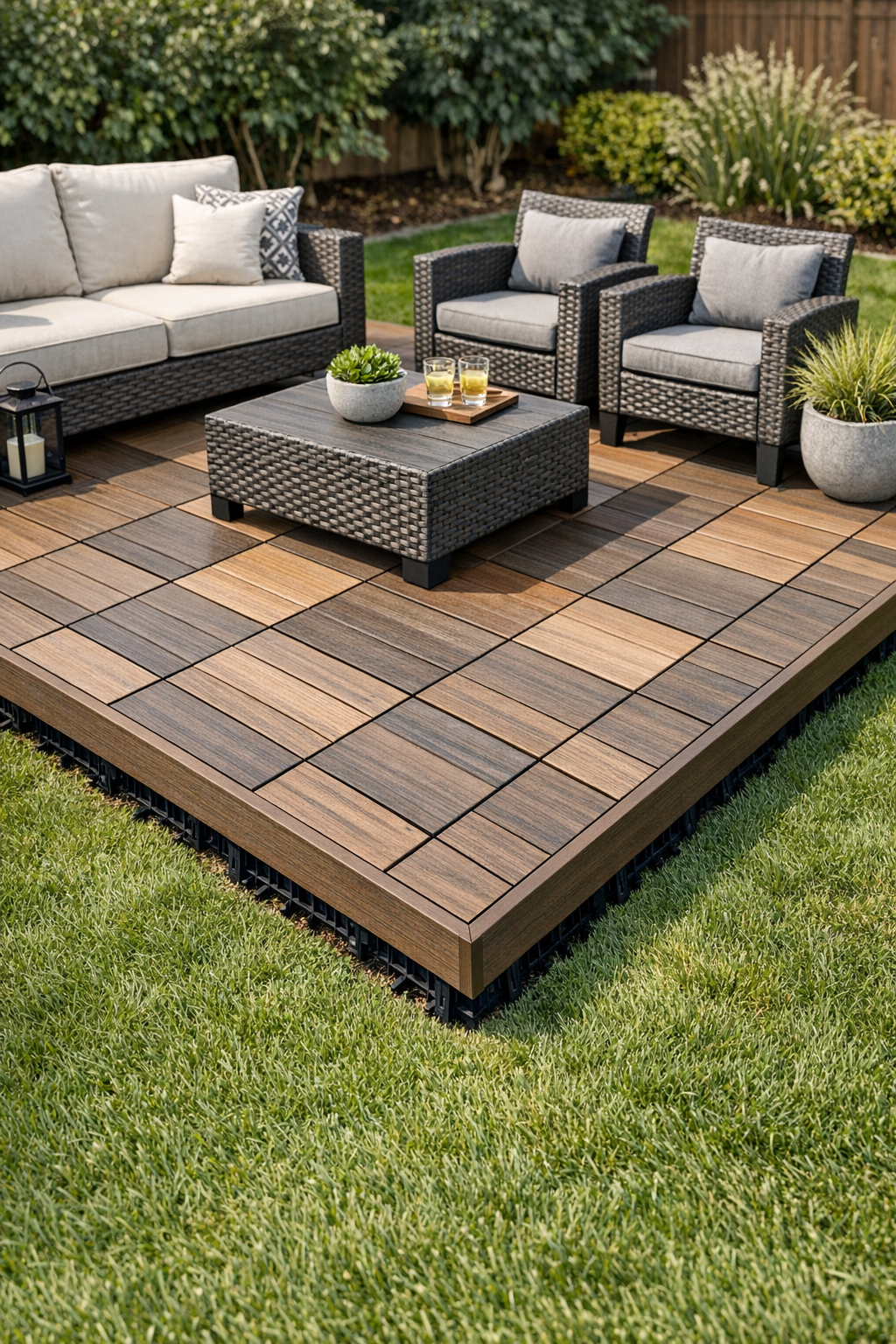 Finished floating deck made with composite tiles over plastic grid base in a yard
