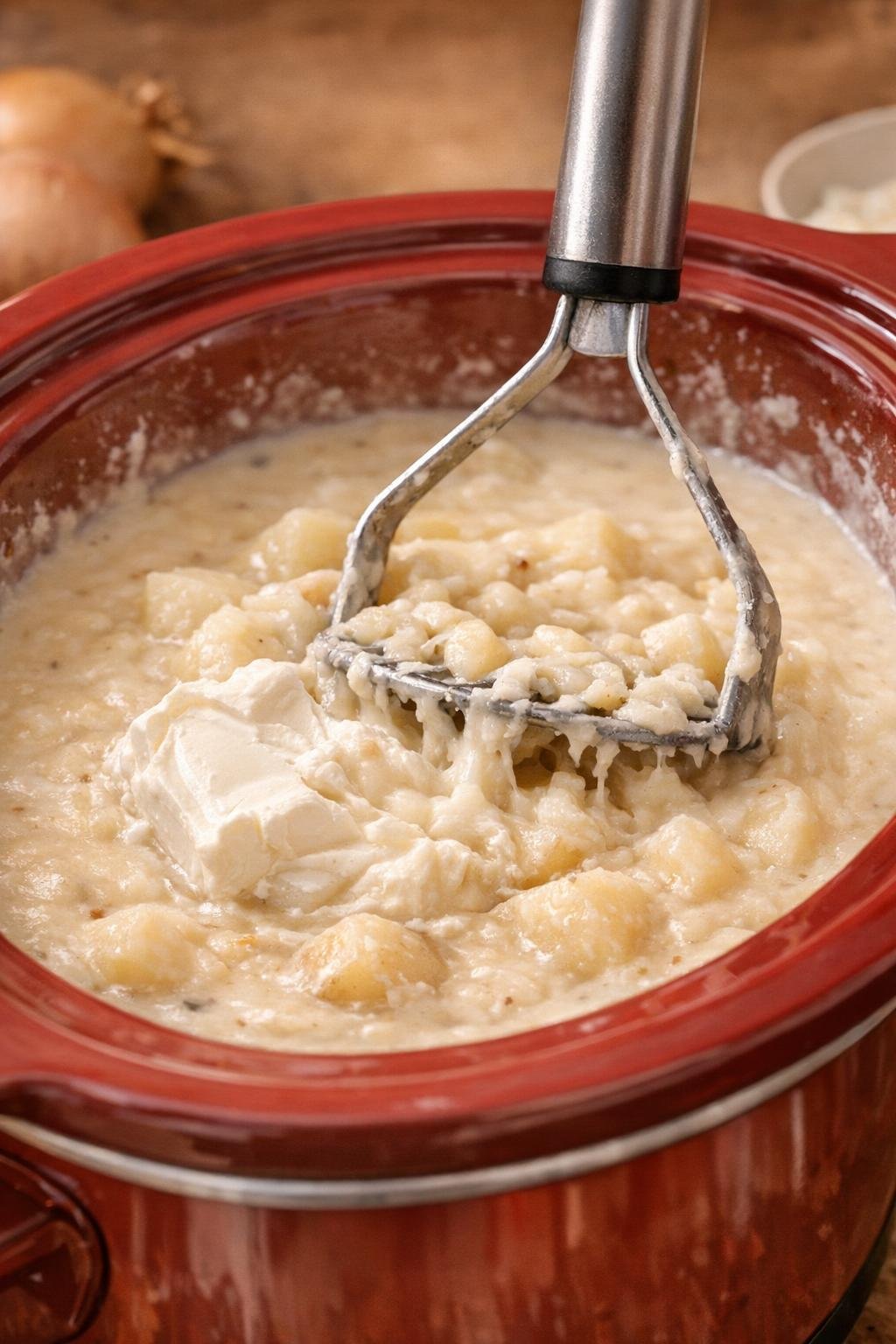 Roomkaas die smelt in aardappelpureesoep in een slowcooker.