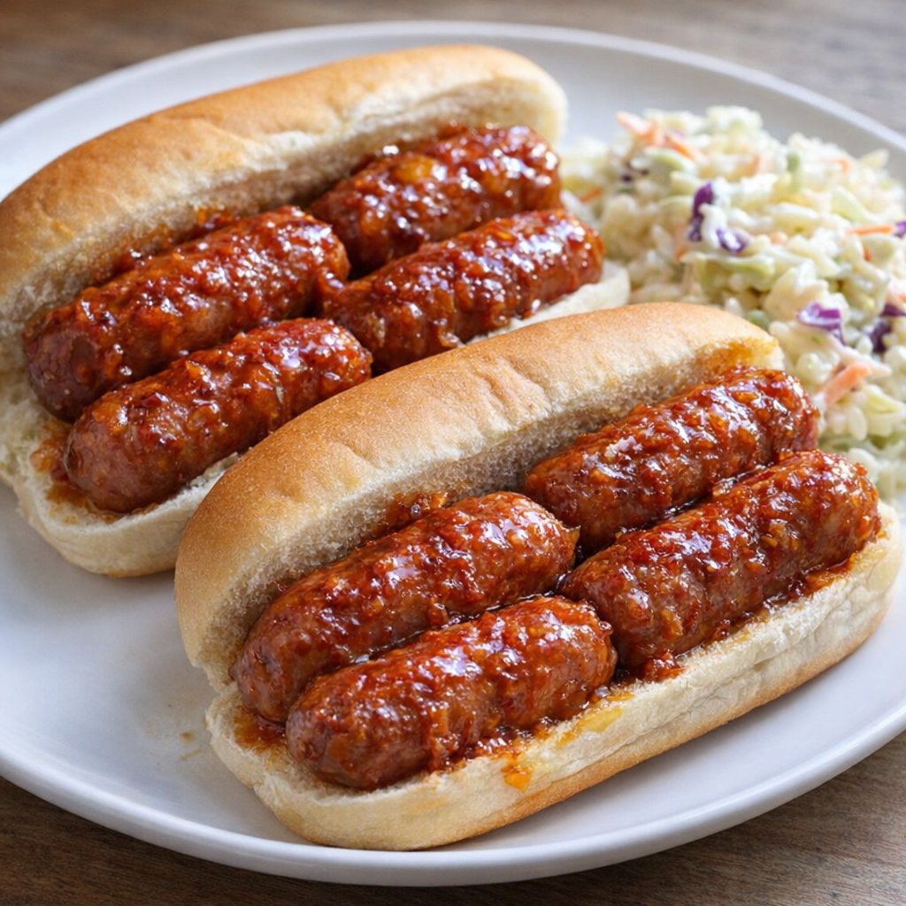 Glazed sausages served in buns with coleslaw