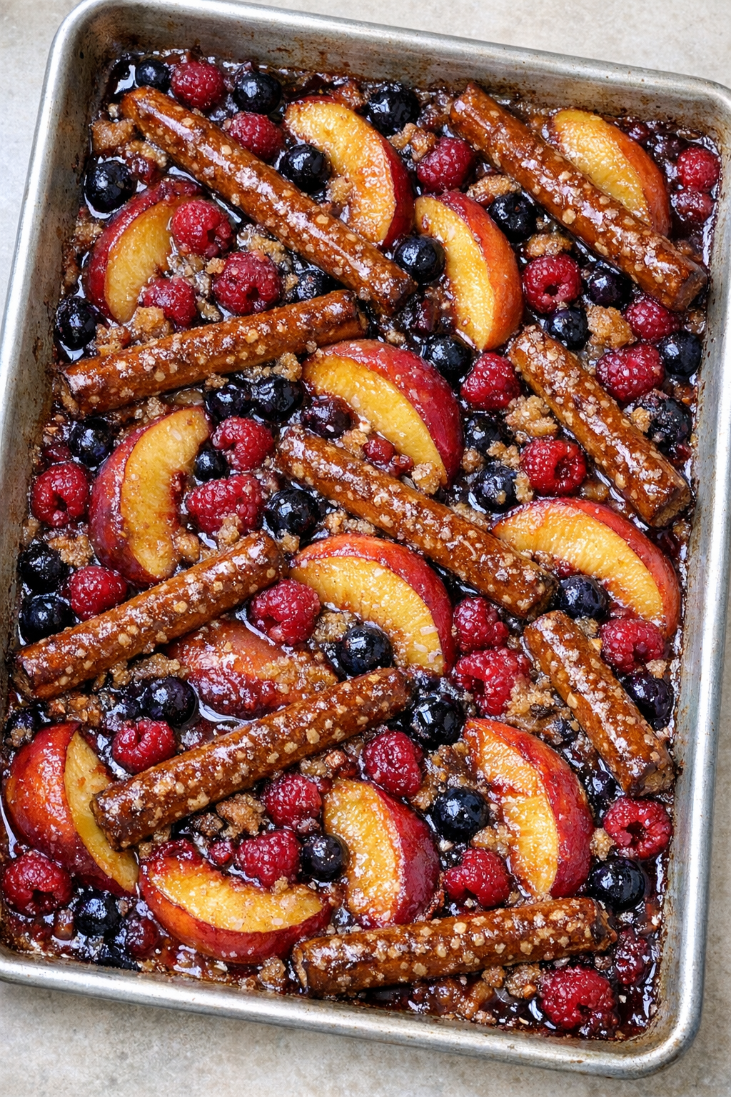 Baked peach and berry pretzel dessert in a sheet pan