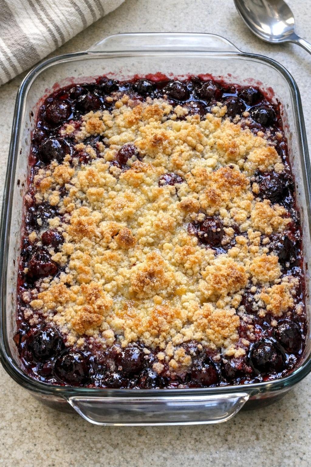 Baked cherry dessert in a glass casserole dish
