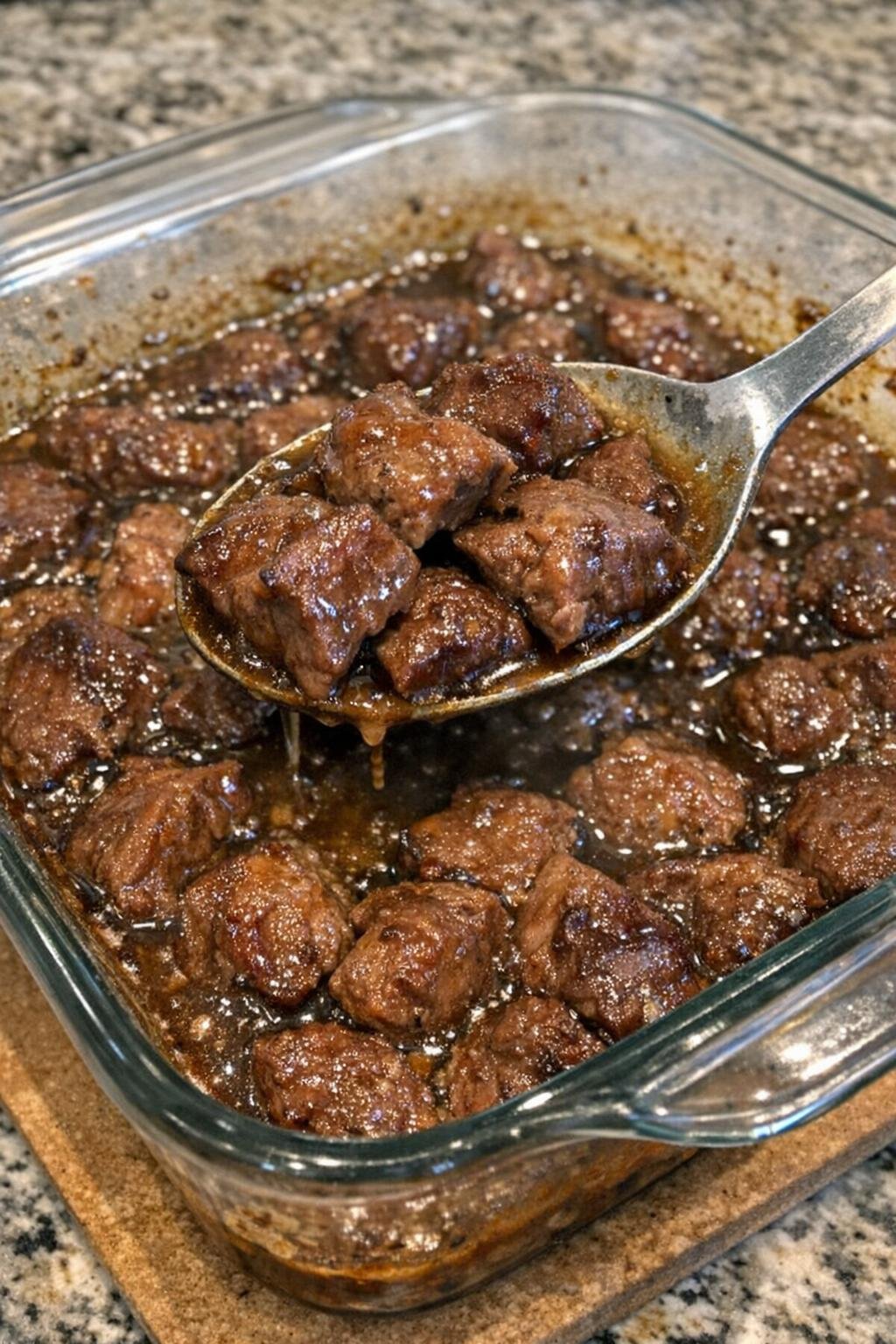 Savory bite-sized beef in bubbling glaze in a glass casserole dish