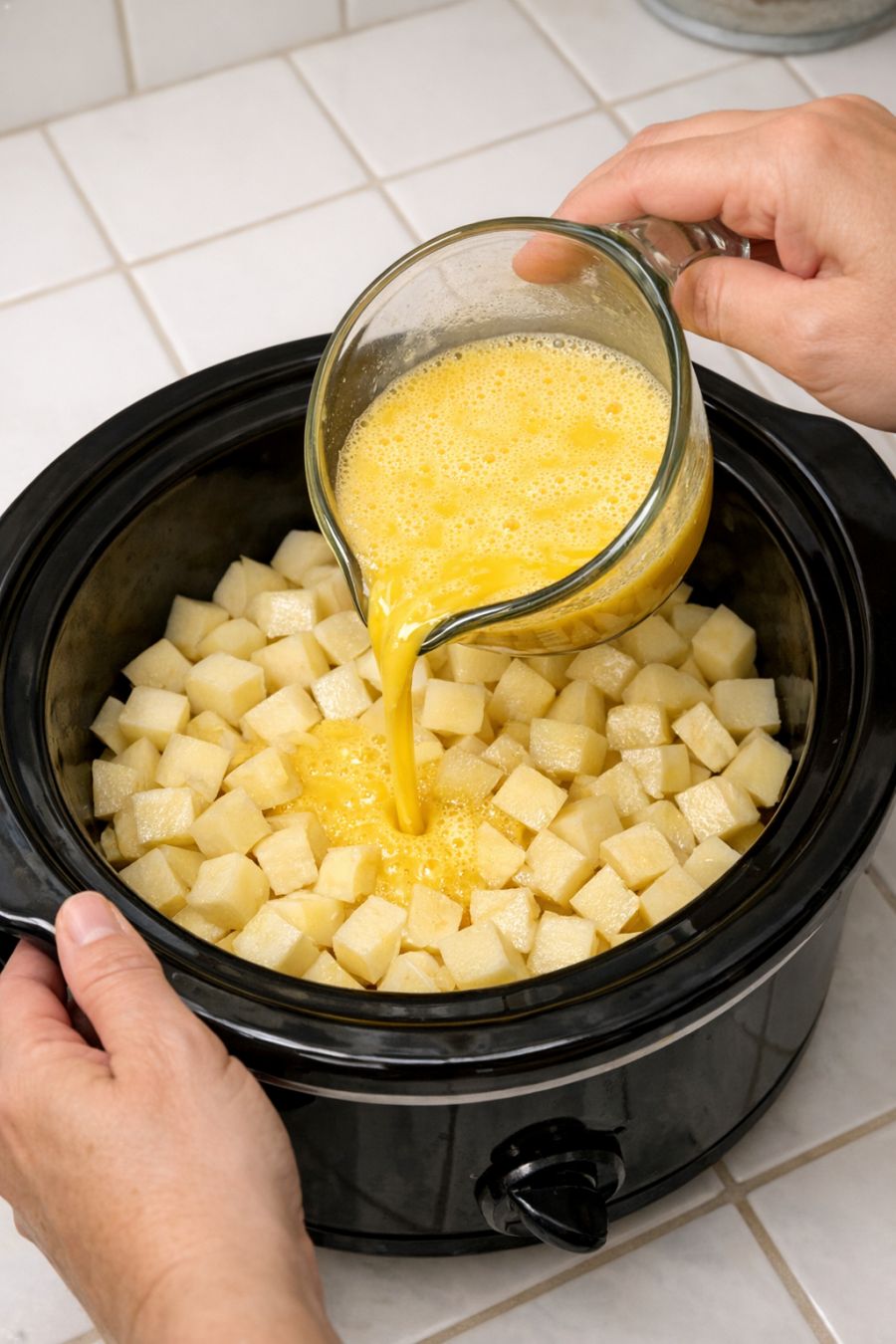 Pour Beaten Eggs Over Diced Potatoes Combined With 3 Tasty Ingredients Pour Beaten Eggs Over Diced Potatoes Combined With 3 Tasty Ingredients