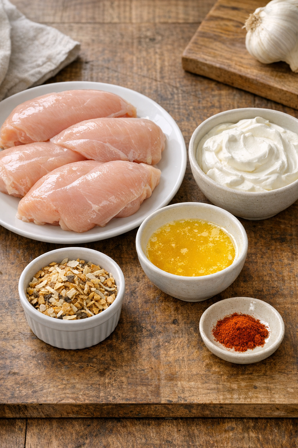 Chicken breasts, melted butter, sour cream, onion soup mix, and paprika