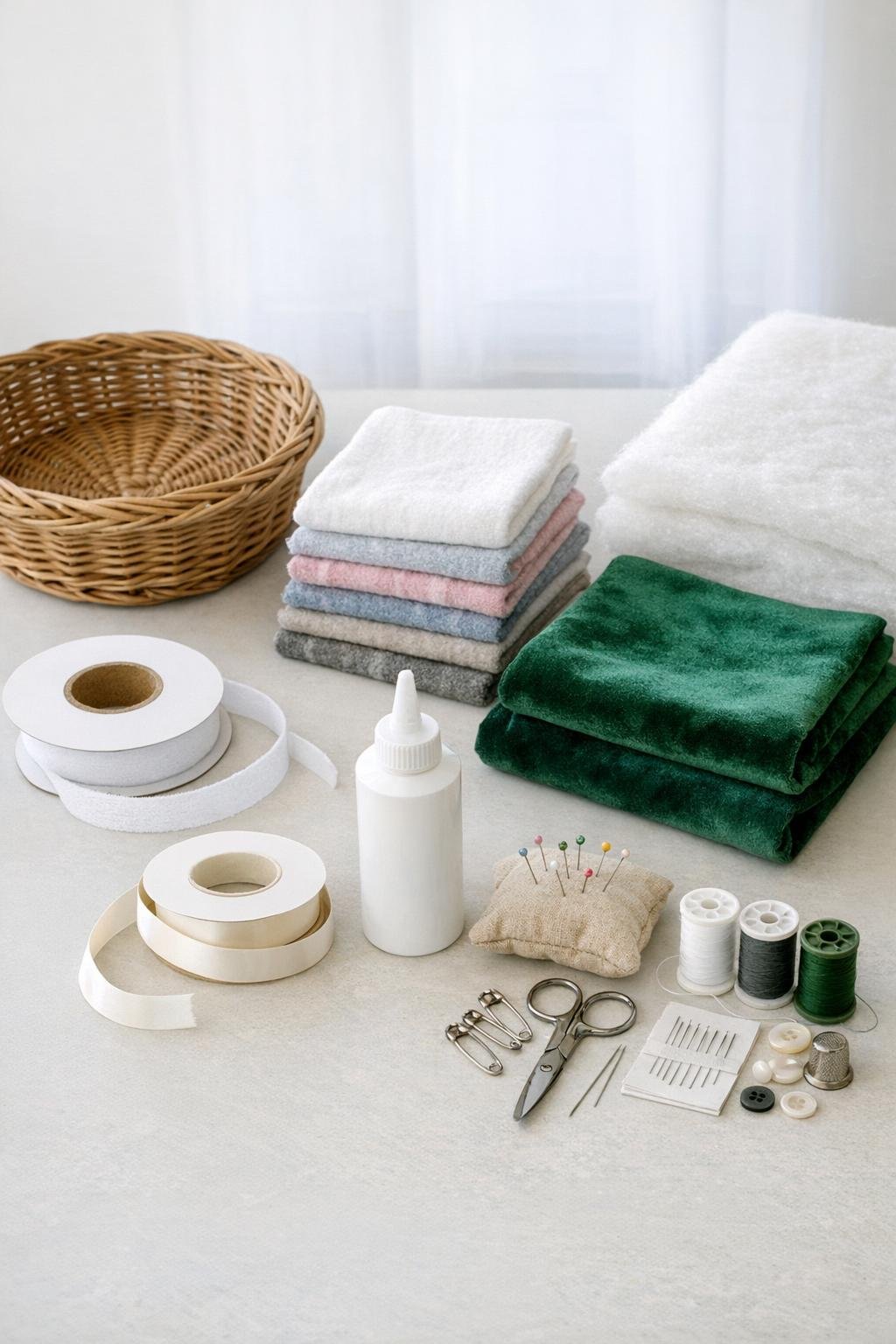 Materials for a velvet-lined woven basket washcloth warmer