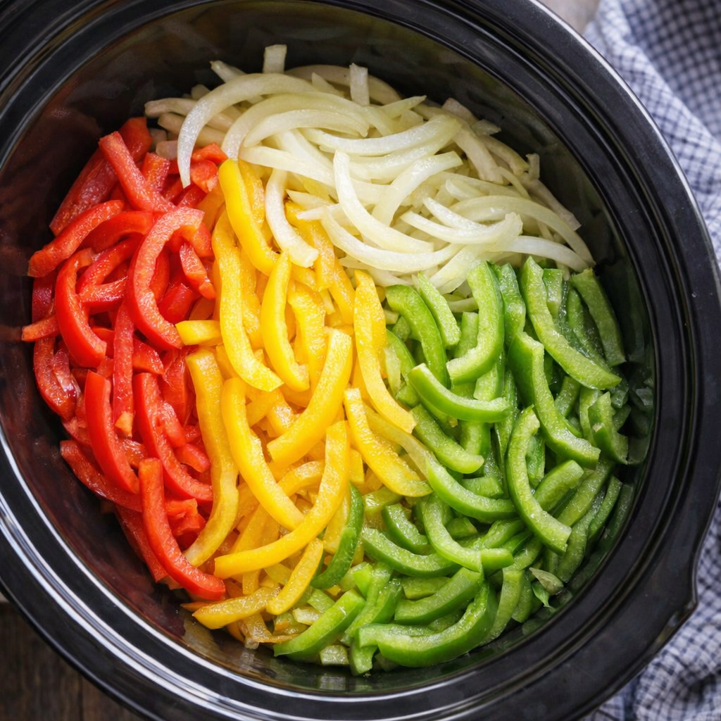 Sliced peppers and onions layered in a slow cooker