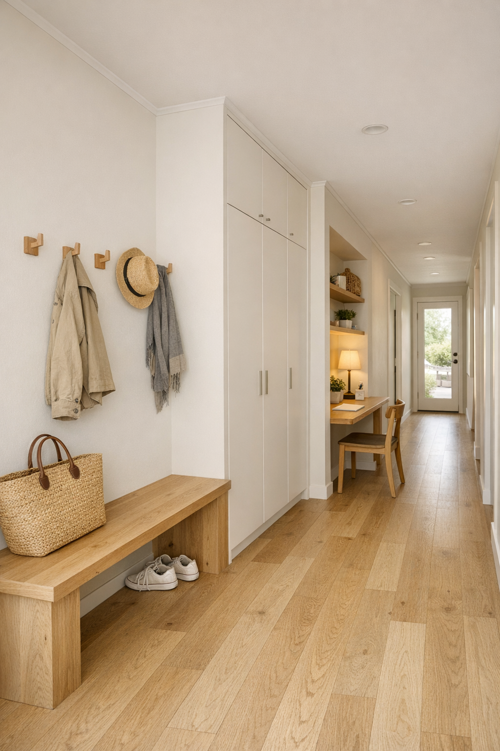 Bright hallway and entry nook with built-in storage and warm wood details