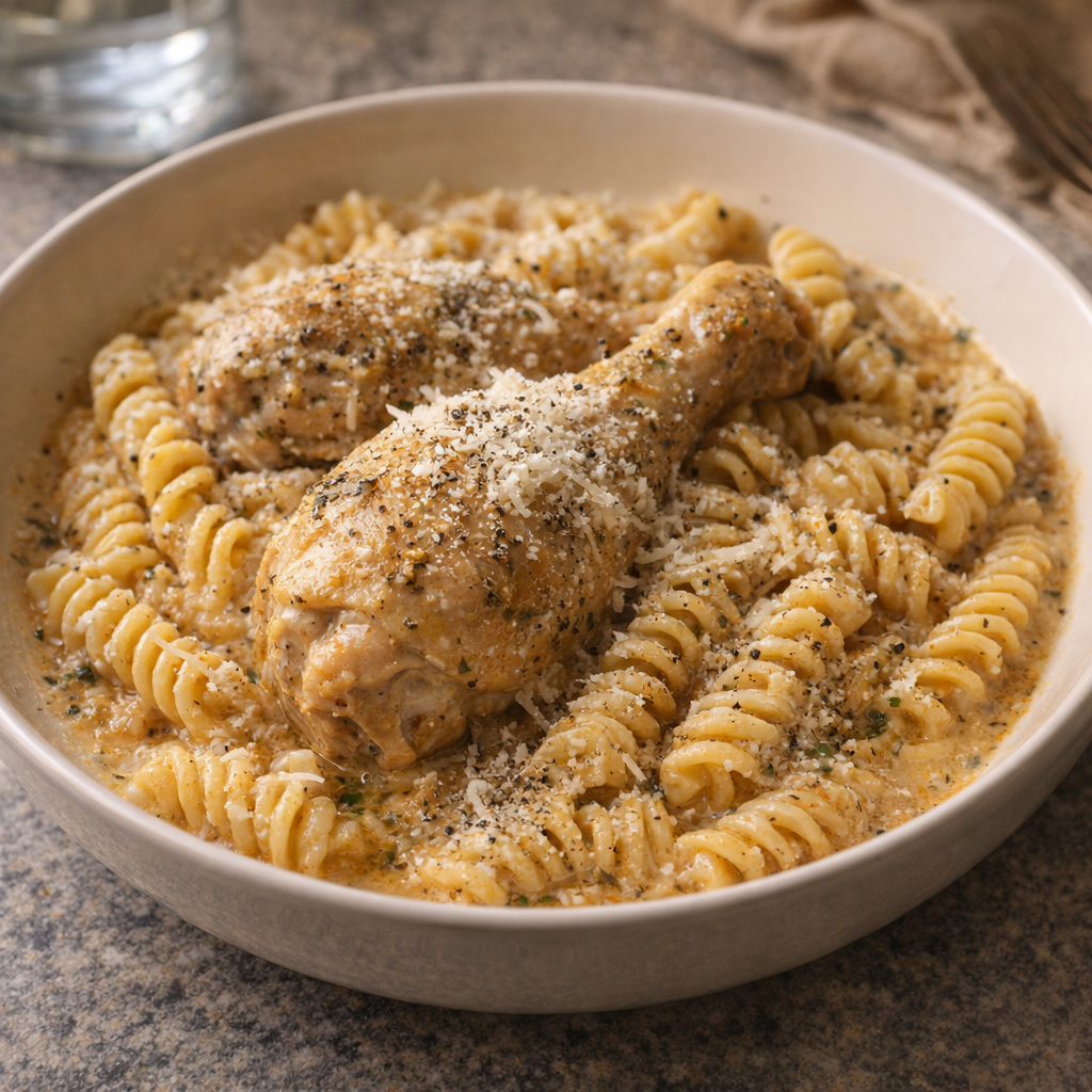 A plated bowl of herb chicken rotini with Parmesan and black pepper