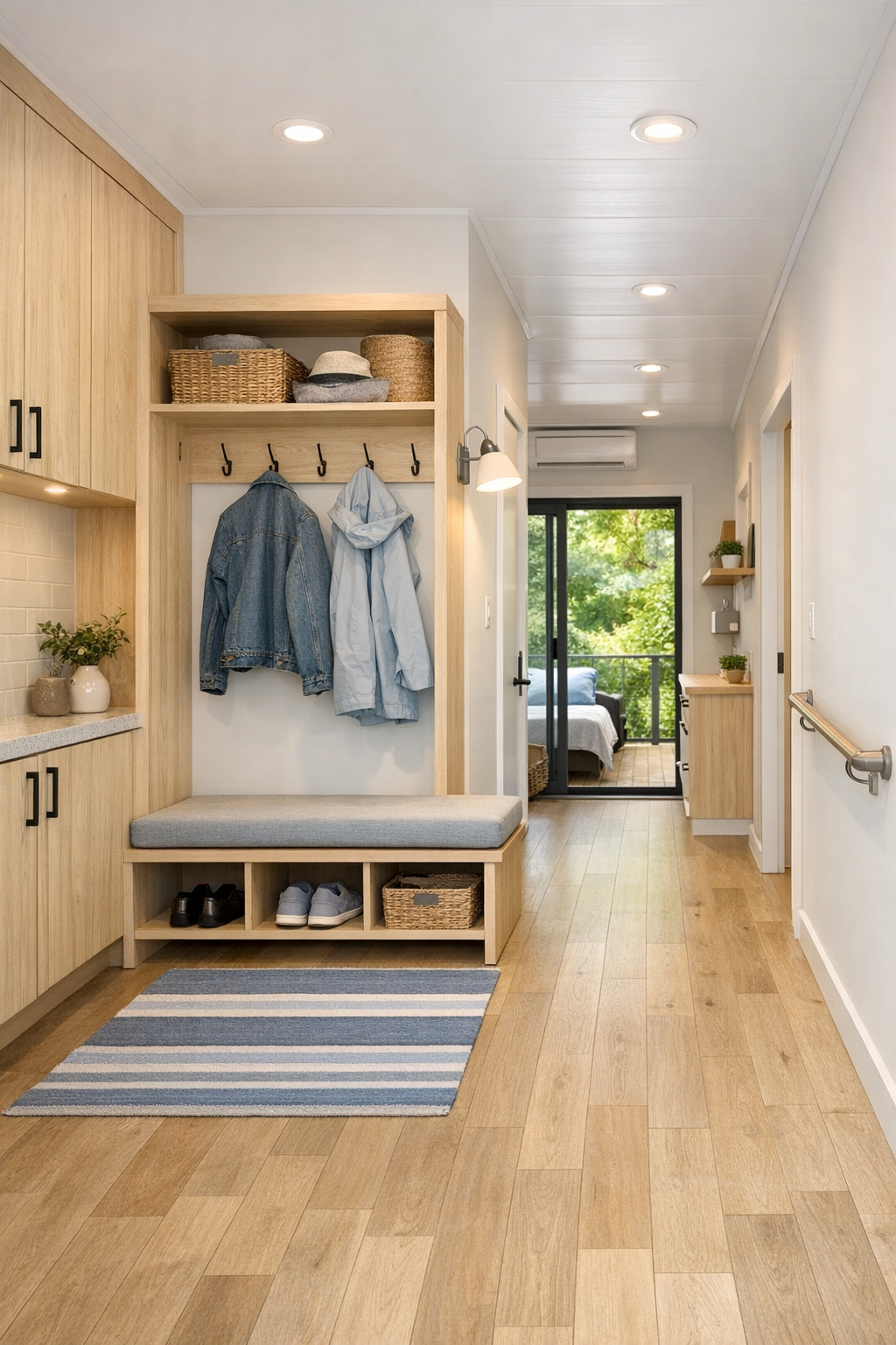 Bright hallway and storage area with accessible built-in design