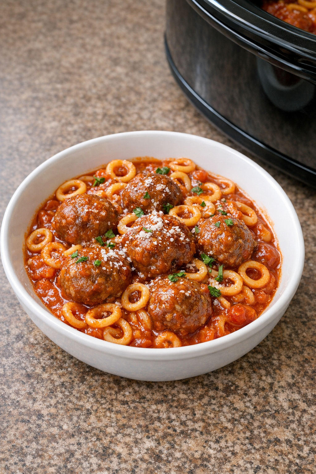 Finished spaghetti rings and meatballs served in a bowl