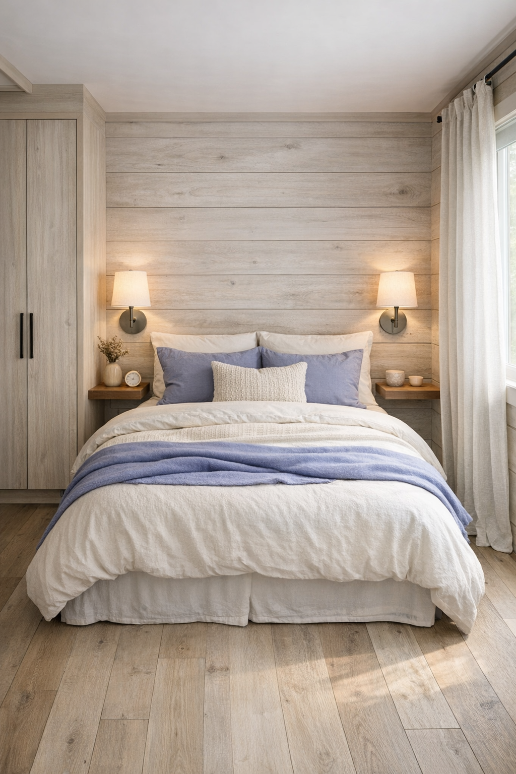 Serene main-level tiny home bedroom with creamy bedding, floating night shelves, and soft periwinkle accents