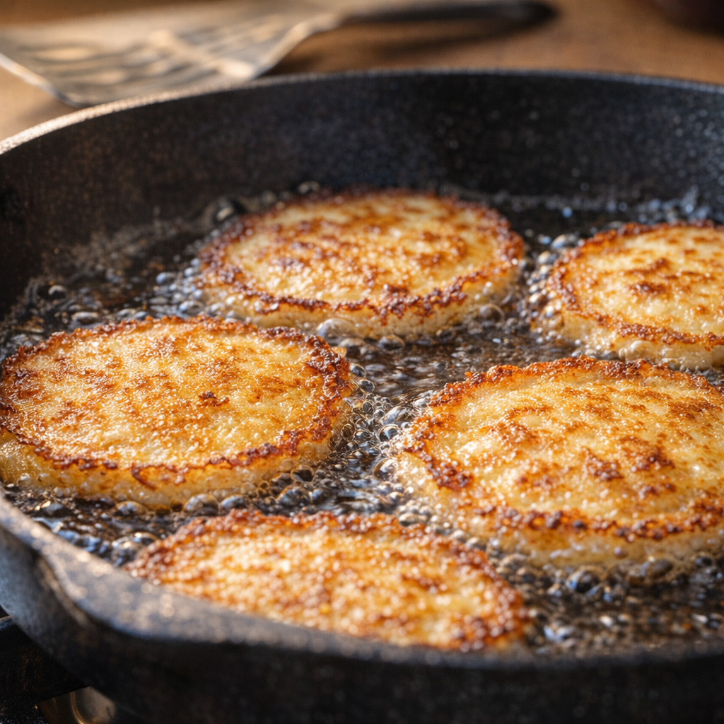 Hoecake batter frying in a cast iron skillet