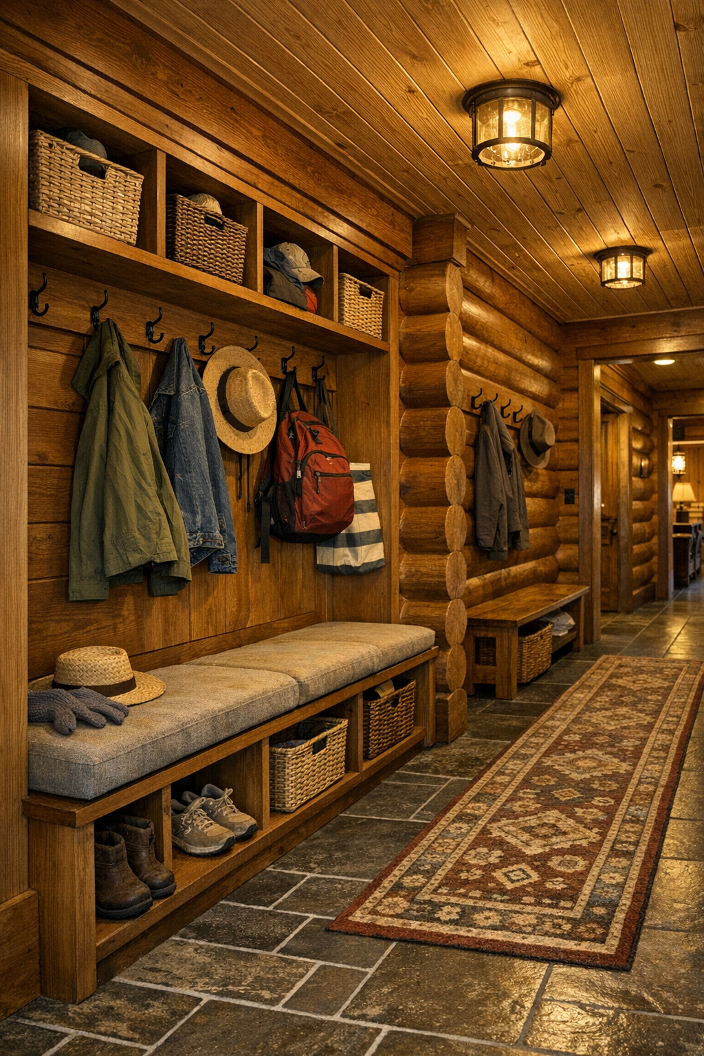 Thoughtful mudroom and hallway with built-in storage in a warm log home