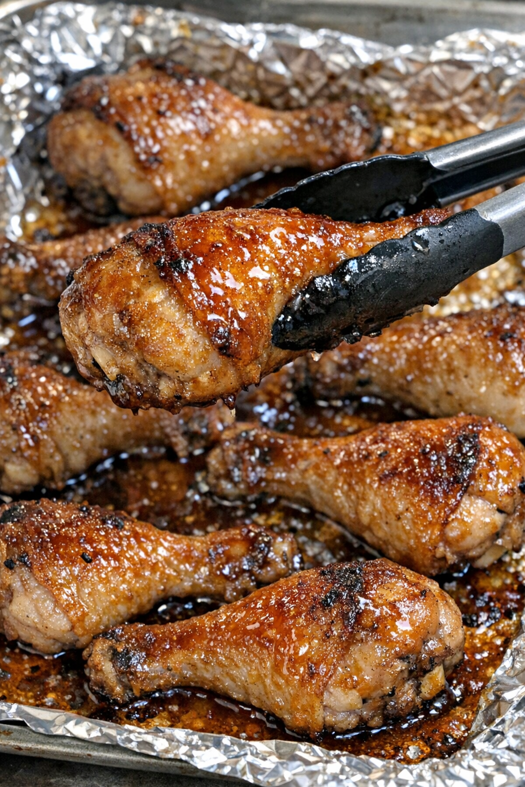 Glossy baked chicken drumsticks with sticky glaze