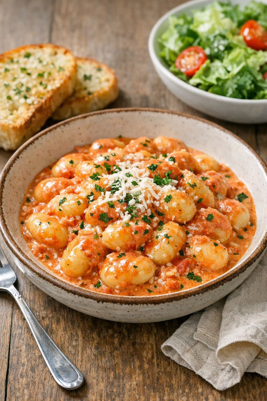 Final plated slow cooker gnocchi with sides