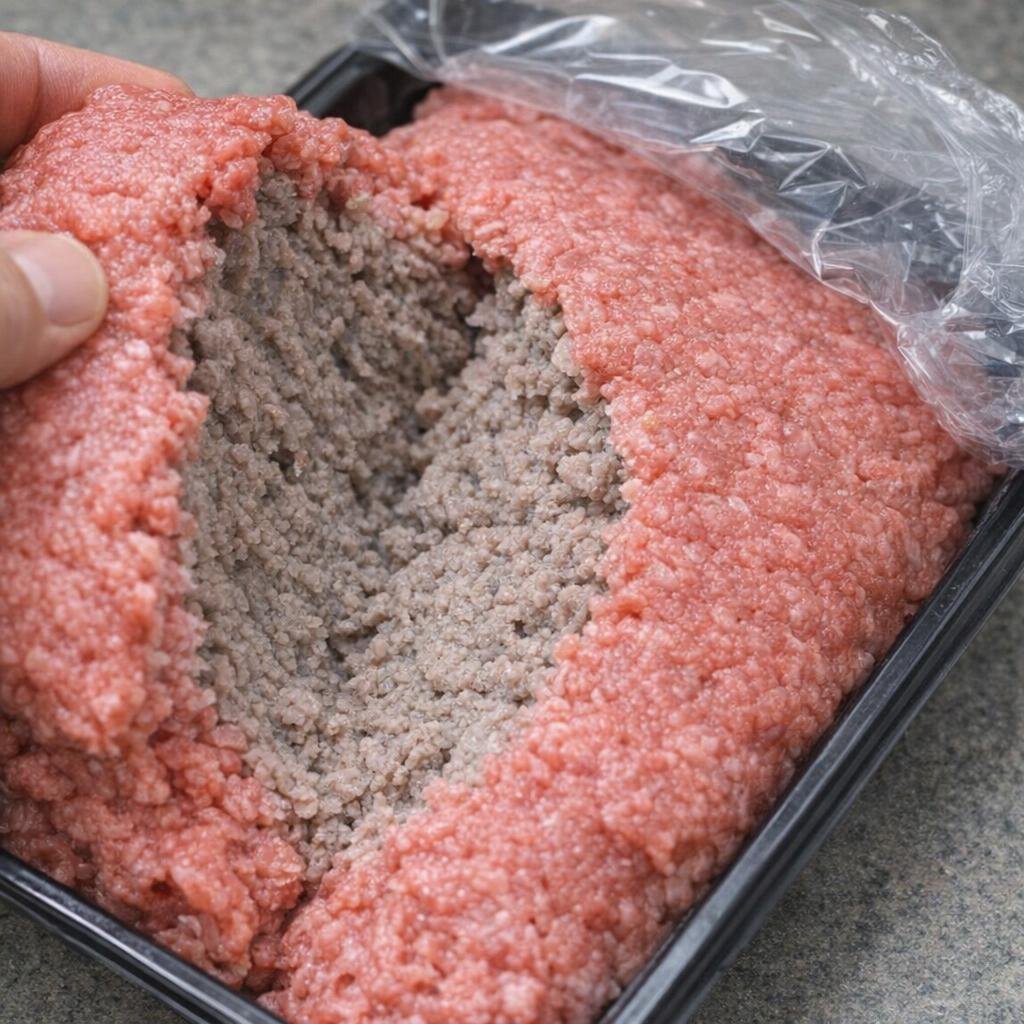 Package of ground beef opened to show red outside and grey interior