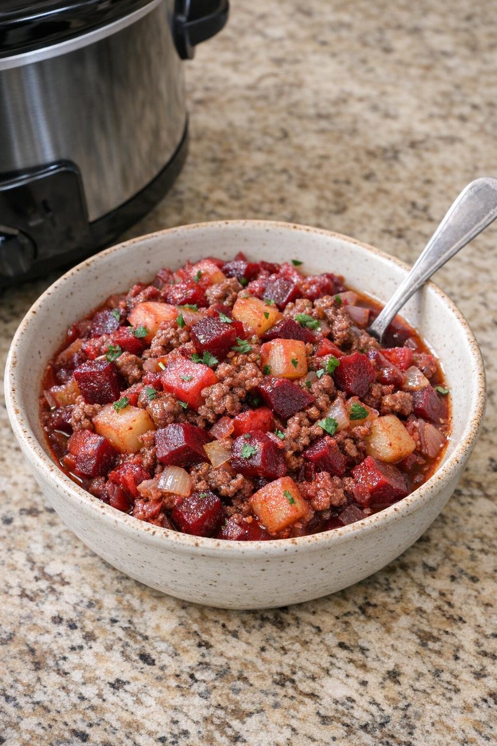 Finished red flannel beef hash plated in a rustic bowl