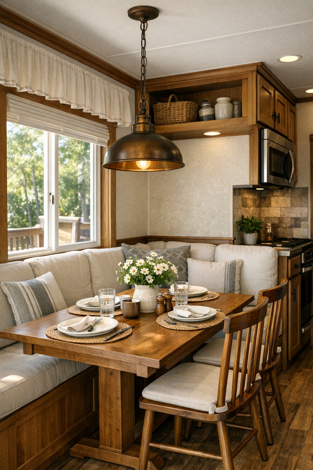 Small craftsman dining nook with wood table, banquette seating, and warm pendant light