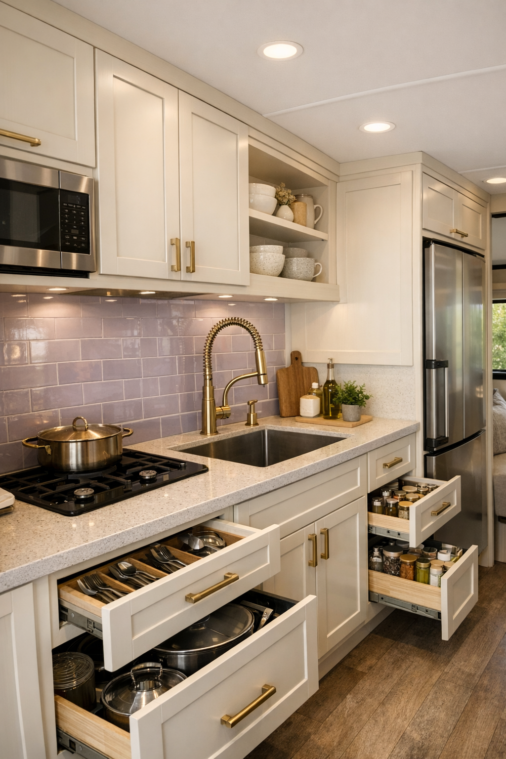 Elegant RV kitchen with ivory cabinetry, lavender backsplash, and pale quartz counters