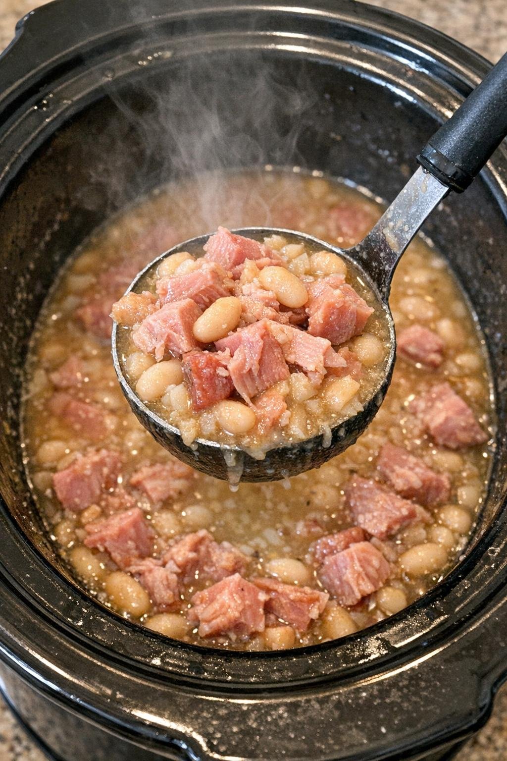 Slow cooker ham and beans in a black insert with a ladle lifting a scoop