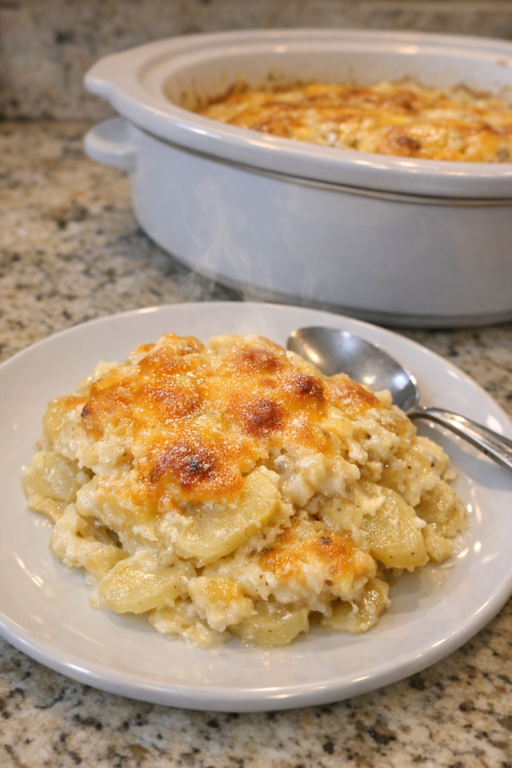 Finished cheesy potato casserole plated from the slow cooker